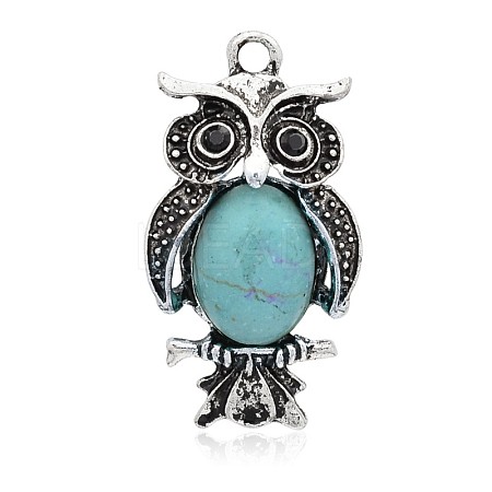 Antique Silver Plated Halloween Owl Alloy Dyed Synthetic Turquoise Pendants PALLOY-J652-01AS-1