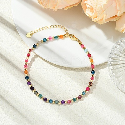 Faceted Round Natural Multi-Color Agate & Brass Beaded Anklets AJEW-AN00880-1