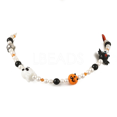 Halloween Handmade Lampwork Bat Ghost Pumpkin and Round Shell Pearl Beaded Necklaces for Women NJEW-TA00277-1