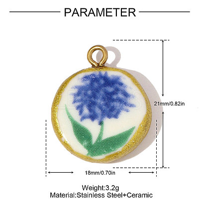 Flat Round Flower Pattern Porcelain Pendants STAS-OY005-78G-1