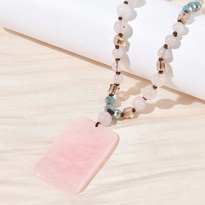 Natural Rose Quartz Rectangle Pendant Glass Beaded Long Necklaces GG-CBAE048-02B-1