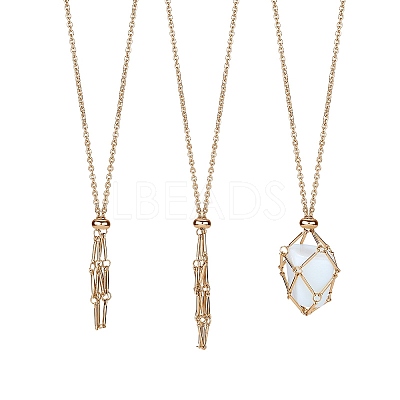 2Pcs 2 Style Brass Braided Macrame Pouch Empty Stone Holder Necklace NJEW-SZ0001-66G-1