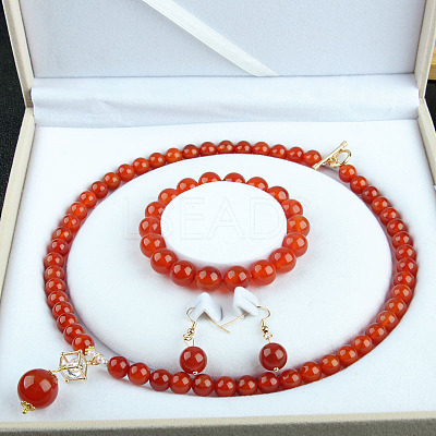 Natural Carnelian Round Beaded Necklaces & Beaded Bracelets & Dangle Earrings Sets WGE6446-12-1