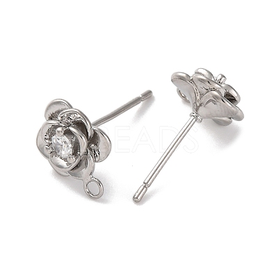 Rose Flower Brass Micro Pave Cubic Zirconia Stud Earring Findings KK-U042-18P-1