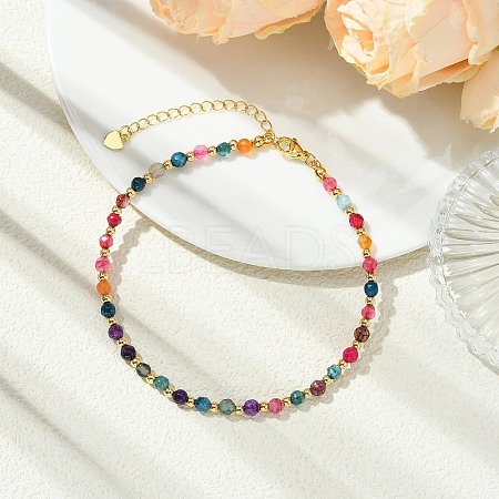Faceted Round Natural Multi-Color Agate & Brass Beaded Anklets AJEW-AN00880-1