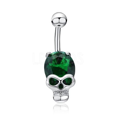 Real Platinum Plated Skull Brass Cubic Zirconia Navel Ring Navel Ring Belly Rings AJEW-EE0001-10-1