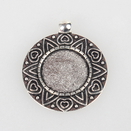 Vintage Tibetan Style Alloy Carved Heart Pendant Cabochon Bezel Settings X-TIBEP-O006-57AS-1