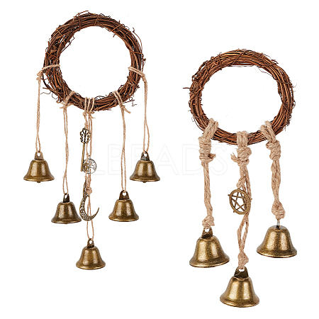 AHADERMAKER 2Pcs 2 Styles Rattan & Iron Witch Bells for Door Knob for Protection AJEW-GA0005-71-1