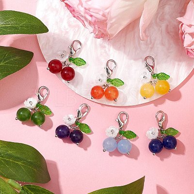 Chakra Natural Malaysia Jade & Green Jade & Chinese Jade & Dyed Yellow Jade Beads Cherry Pendant Decorations HJEW-JM02846-1