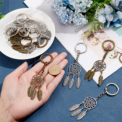 12Pcs 2 Colors Woven Net/Web with Feather Pendant Alloy Keychain KEYC-NB0001-58-1