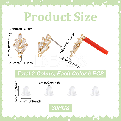12Pcs 2 Colors Brass Cubic Zirconia Ear Studs MAK-UN0001-71-1