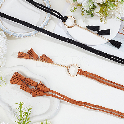 2Pcs 2 Colors Bohemian Imitation Leather Tassel with Alloy Ring Waist Chain Belts for Women AJEW-CL0005-22B-1