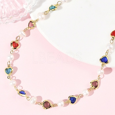 Natural Cultured Freshwater Pearl & Brass Glass Link Chains Necklaces for Women NJEW-JN06407-1