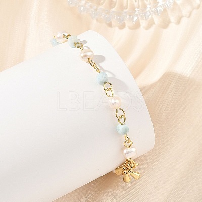 Natural Pearl & Larimar Cube Beaded Chain Bracelets for Women BJEW-JB14246-1