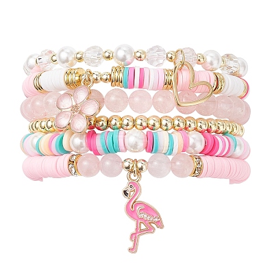 6Pcs 6 Styles Handmade Polymer Clay Heishi & Glass & Electroplate Non-magnetic Synthetic Hematite & Rose Quartz Beads Stretch Bracelets & Alloy Enamel Charm Bracelets BJEW-JB12231-1