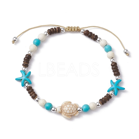 Starfish & Tortoise Synthetic Turquoise Braided Bead Anklets AJEW-AN00564-01-1
