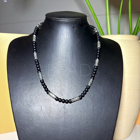 Vintage Frosted 6MM Natural Black Onyx(Dyed & Heated) Round Beaded Necklaces with Alloy Tube for Men KE3601-1