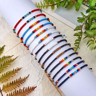 14Pcs 14 Style Glass Seed & 303 Stainless Steel Braided Bead Bracelets and Anklets Set SJEW-SW00003-07-1