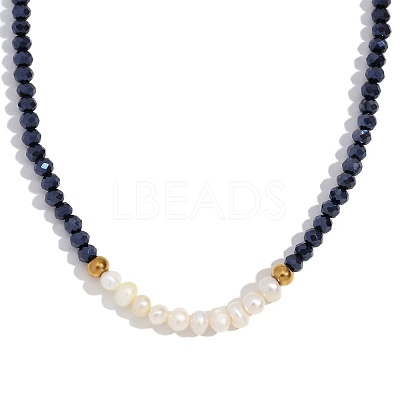 Fashion European Style Pearl Pendant Necklace for Women Handcrafted Stainless Steel Freshwater Pearl Deep Cut Crystal AX4759-7-1