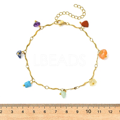 7 Chakra Gemstone Chip Charm 304 Stainless Steel Wavy Bar Link Chain Anklets for Women AJEW-AN00884-1