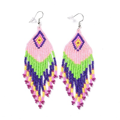 Glass Seed Braided Rhombus with Tassel Chandelier Earrings LS-EJEW-H084-04P-1