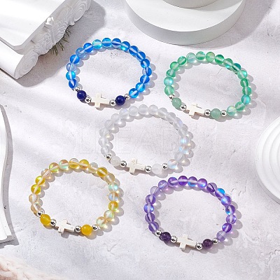 Synthetic Moonstone Beads Stretch Bracelets for Women Men BJEW-JB11376-1