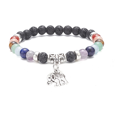 Natural Mixed Gemstone Round Beaded Stretch Bracelets with Alloy Charms BJEW-JB09403-1