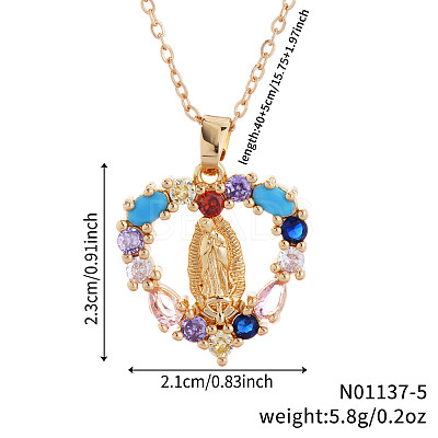 Vintage Brass Cubic Zirconia Religious Virgin Mary Heart Hollow Pendant Necklaces AB7554-1-1