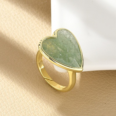 Heart Brass Natural Green Strawberry Quartz  Finger Rings RJEW-D304-01G-C-1
