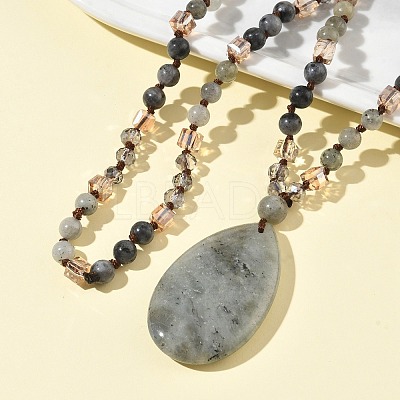 Natural Labradorite Teardrop Pendant Glass Beaded Long Necklaces GG-CBAE048-01D-1