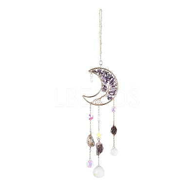 Natural Amethyst Chips Beaded Moon Hanging Sun Catchers HJEW-M004-13-1