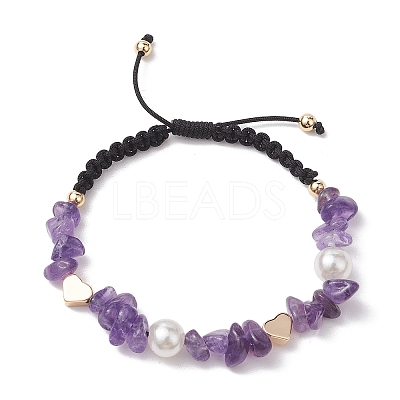 Natural Amethyst Chip & Acrylic Imitation Pearl Braided Bead Bracelets BJEW-JB10462-1