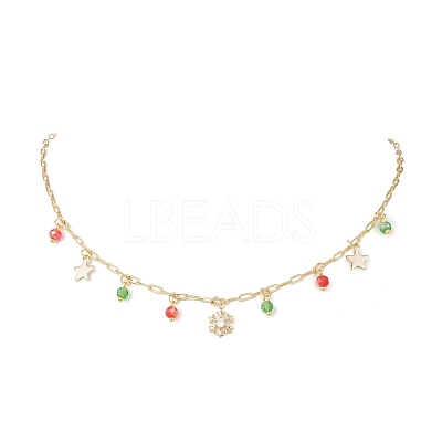 Christmas Brass Pave Clear Cubic Zirconia Snowflake & 304 Stainless Steel Star and Round Glass Tassel Brass Paperclip Chain Bib Necklaces NJEW-JN05504-1