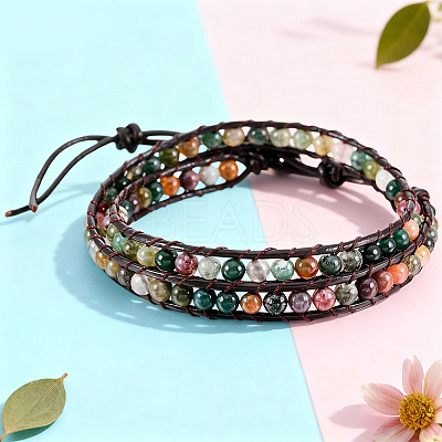 Natural Indian Agate Round Beaded Bracelets BJEW-WH20001-14A-1