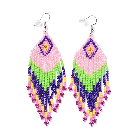 Glass Seed Braided Rhombus with Tassel Chandelier Earrings LS-EJEW-H084-04P-1