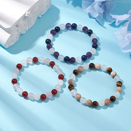 3Pcs Round Natural Mixed Gemstone Beads Stretch Bracelets for Women BJEW-TA00568-1