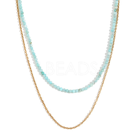 18K Gold Plated Stainless Steel & Natural Amazonite Beaded Double Layer Necklaces for Women QW1726-1-1