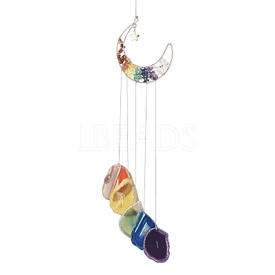 Brass Wire Wrapped Chakra Natural Gemstone Chips Hanging Ornaments AJEW-B028-01G-02-1