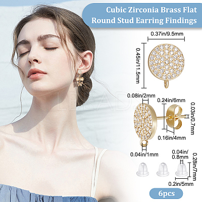4 Pairs Brass Micro Pave Cubic Zirconia Flat Round Stud Earring Findings ZIRC-BBC0001-96-1