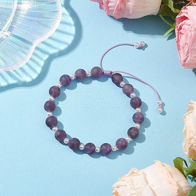 8.5mm Round Natural Amethyst & ABS Plastic Imitation Pearl Braided Bead Braclets BJEW-JB10654-1