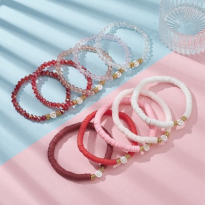 10Pcs Polymer Clay Disc & Glass & Brass Beaded Stretch Bracelets Set BJEW-JB09676-02-1