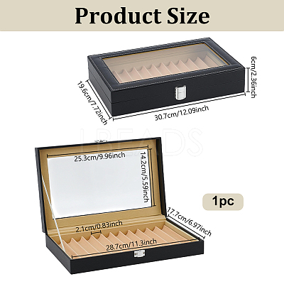 Black PU Leather Pen Organizer Boxes with Clear Glass Visible Window Lid CON-WH0107-129A-1