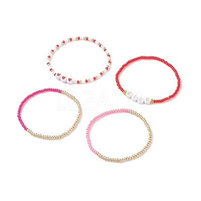 4Pcs 4 Style Heart & Word Kiss Plastic Beaded Stretch Bracelets Set BJEW-JB08699-1