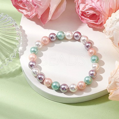 8mm Round Polished Shell Pearl Beaded Stretch Kids Bracelets for Girls BJEW-JB10878-02-1