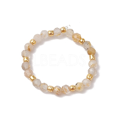 Natural Gold Rutilated Quartz Beaded Stretch Rings for Women RJEW-JR00868-11-1
