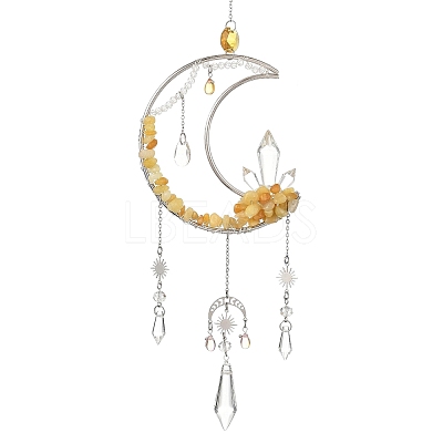 Moon Natural Topaz Jade & 304 Stainless Steel & Brass Suncatchers HJEW-TA00488-03-1