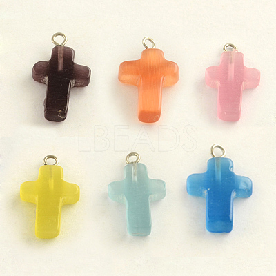 Platinum Plated Cat Eye Gemstone Cross Pendants G-R269-10-1