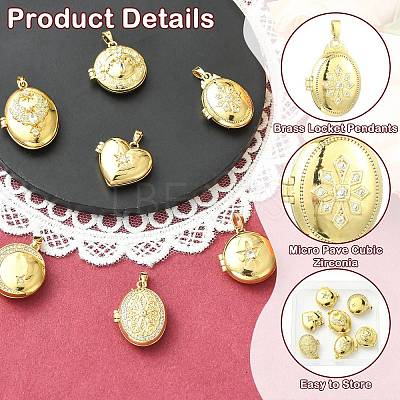 7Pcs 7 Styles Brass Micro Pave Clear Cubic Zirconia Locket Pendants KK-CJ0005-71-1