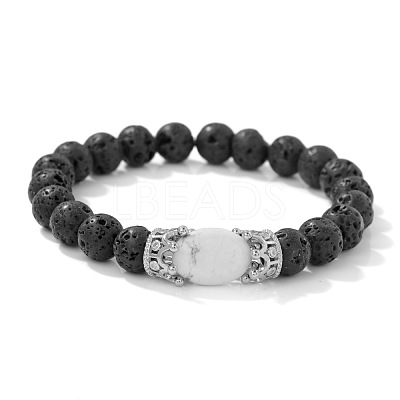 8MM Round Natural Lava Rock Beaded Stretch Bracelets with Oval Synthetic Howlite Beads WG9ED28-03-1