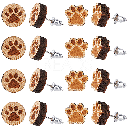 SUNNYCLUE 6 Pairs 2 Style Paw Print Wood Stud Earrings with Steel Iron Pins EJEW-SC0001-46-1